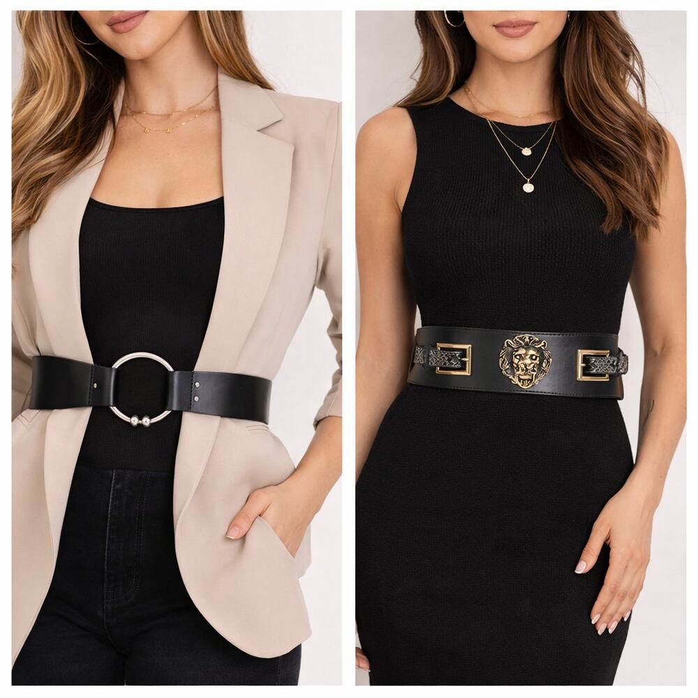 Bundle of 2 Black Statement Waist Belts – Ring & Lion Medallion (41.5")